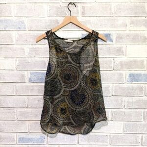 Lush sheer blouse medallion green blue tank razor back sz L